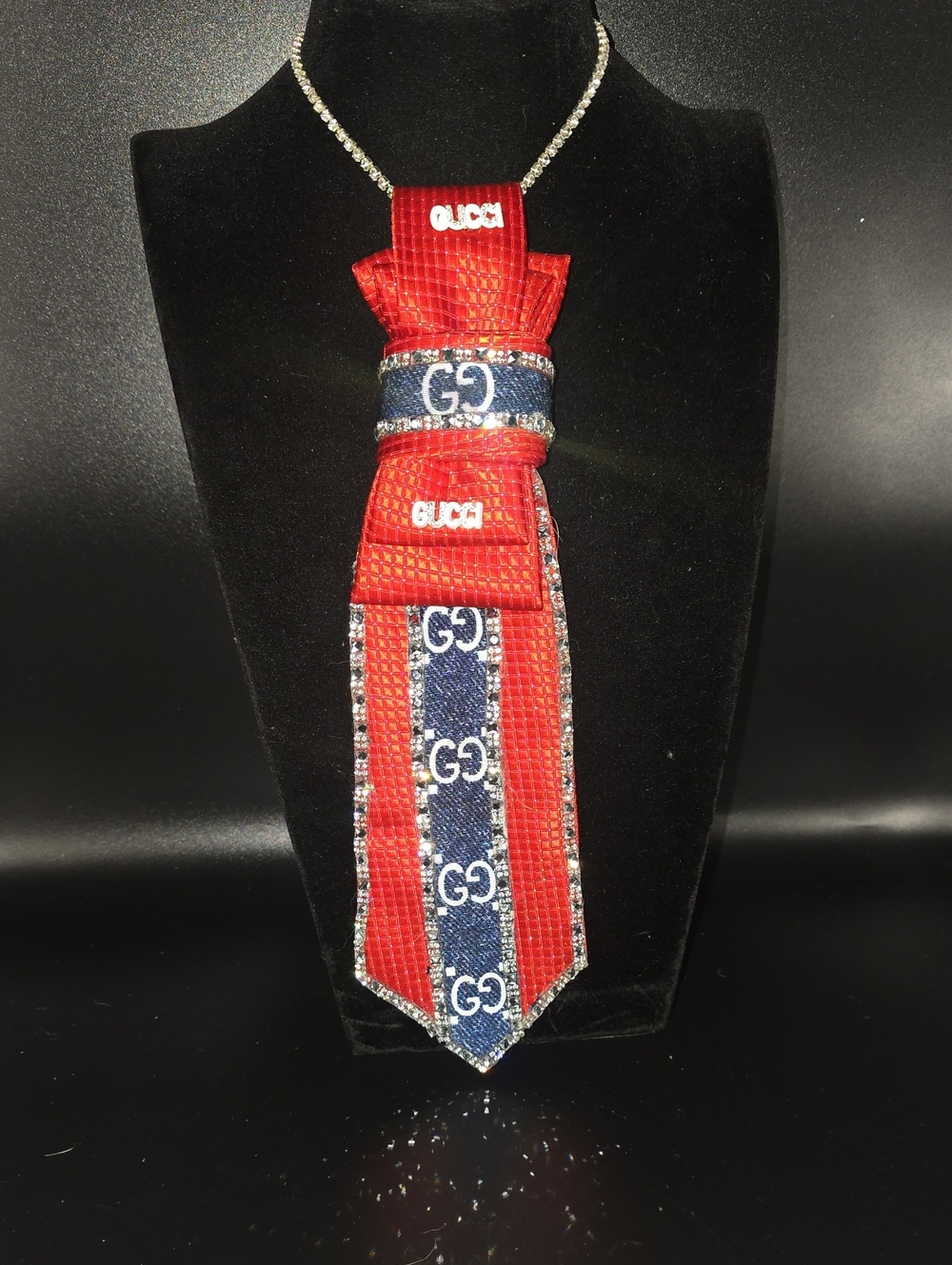Red and Blue Tie Necklace With Bling